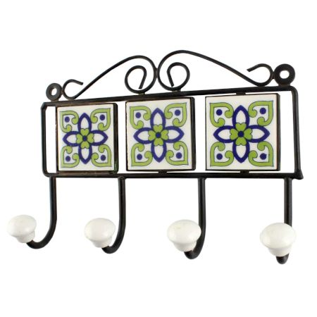 Pea Green Ceramic Floral Tile Wall Hook